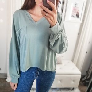 Sage Washed Modal Long Sleeve Pocket Top Light Spring Tops Transition